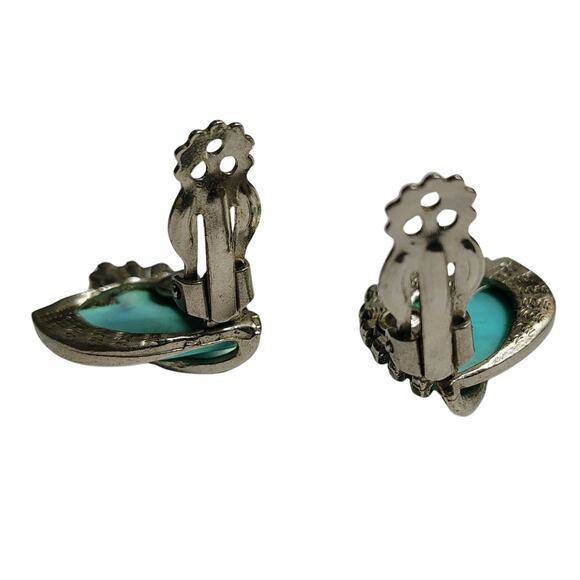Heart Sterling Silver Faux Turquoise Clip On Earrings Handcrafted Unique Bezel - Picture 3 of 5